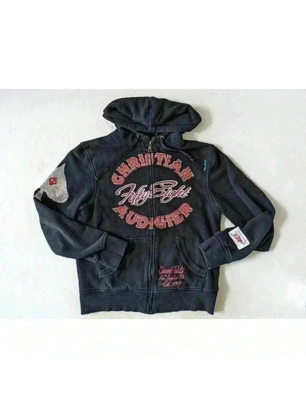 Vintage Christian Audigier Garage Parts 58 Motorcycle Full Zip Hoodie L Black